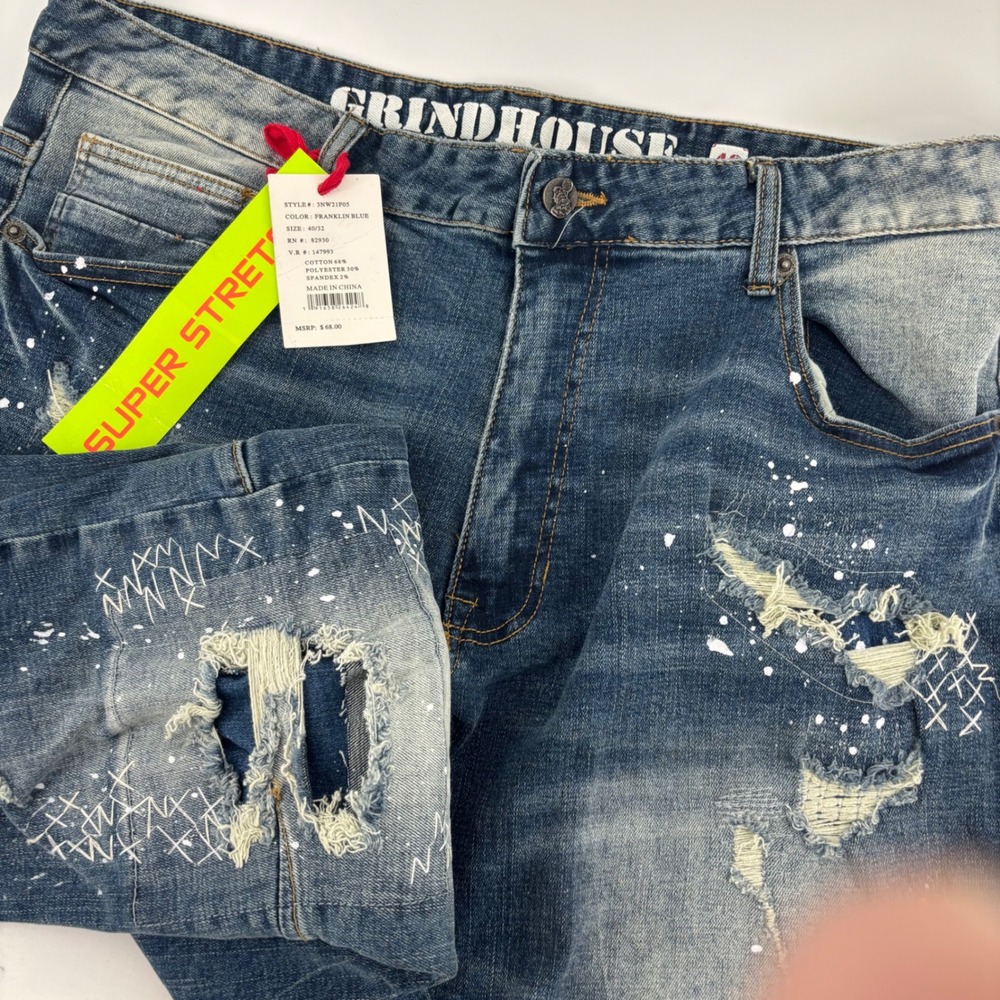 Grindhouse Distressed Jeans Mens 40 Blue NEW Paint Splatter Super Stretch‎ 40x32